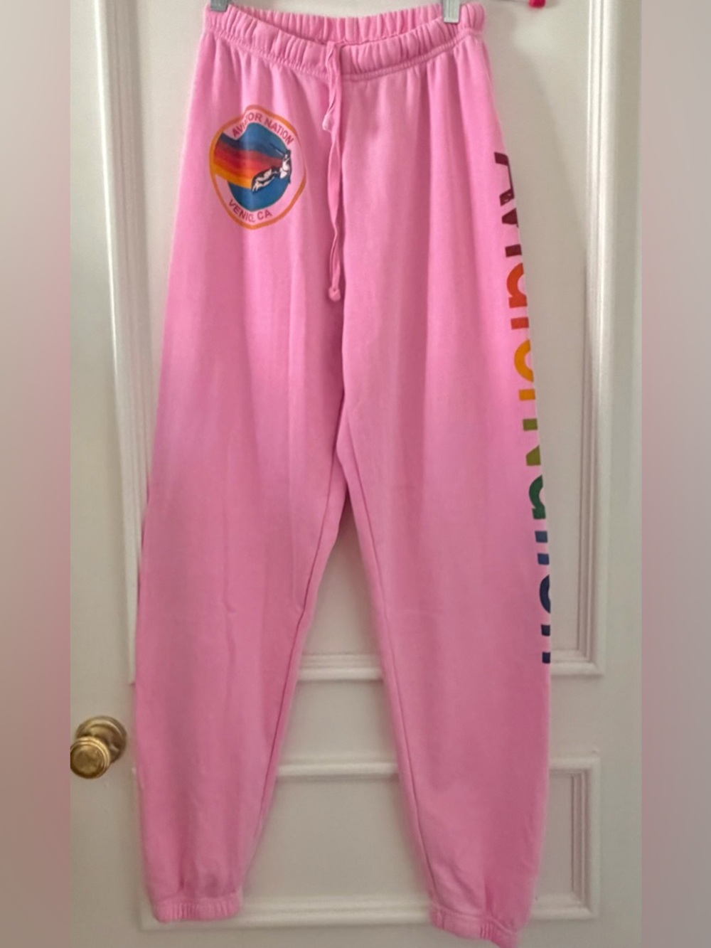 Aviator Nation light Pink Sweatpants with Rainbow Logo Down Leg